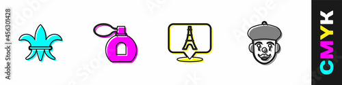 Set Fleur De Lys, Perfume, Eiffel tower and French mime icon. Vector