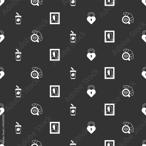 Set Castle in the shape of heart, Coffee cup with croissant, to go and Portrait picture museum on seamless pattern. Vector