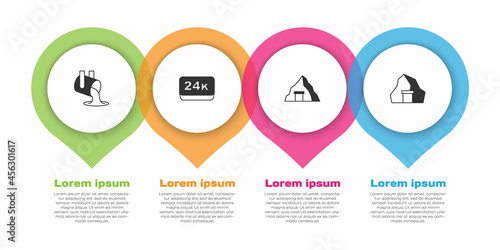 Set Molten gold being poured, Gold bars 24k, mine and . Business infographic template. Vector