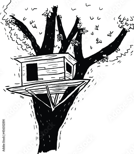 black and white illustration of a treehouse