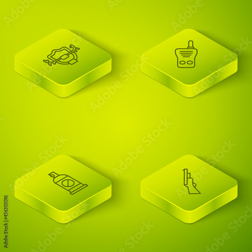 Set Isometric line Walkie talkie, Spray against insects, Hunting gun and Deer antlers on shield icon. Vector