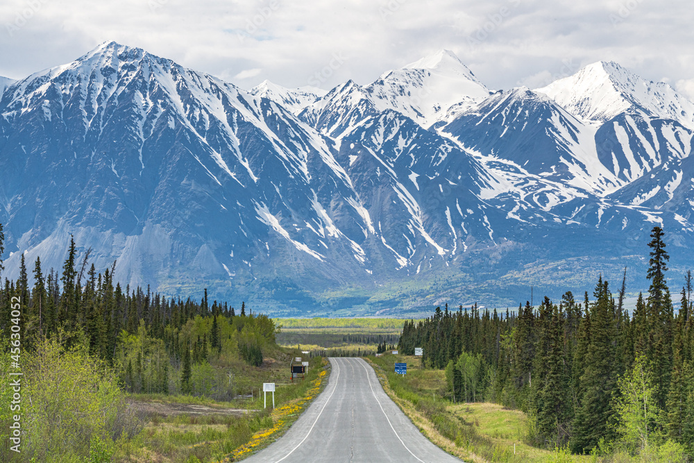 Amazing views in northern Canada in Haines Junction with magnificent snow capped mountains in spring time. 