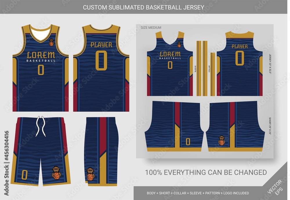 abstract striped blue, red and gold basketball jersey template