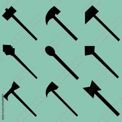 Set of nine silhouettes of war hammers. Image for icons, icons, games, sites and more.