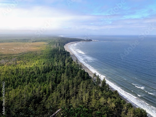 A beautiful view from high above of the coastline and sandy beaches of the north beach, atop tow hill, with endless ocean and coastline, in Haida Gwaii, British Columbia, Canada