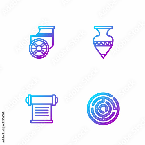 Set line Minotaur labyrinth, Decree, parchment, scroll, Ancient chariot and amphorae. Gradient color icons. Vector