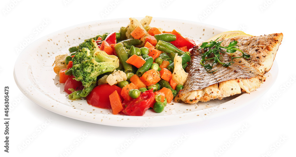 Plate with tasty baked cod fillet and vegetables on white background Plate with tasty baked cod fillet and vegetables on white background