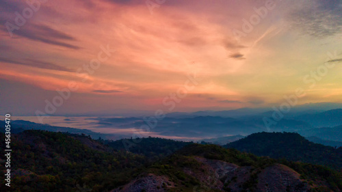 Top view Mountainous landscape in autumn at sunset. © tonjung