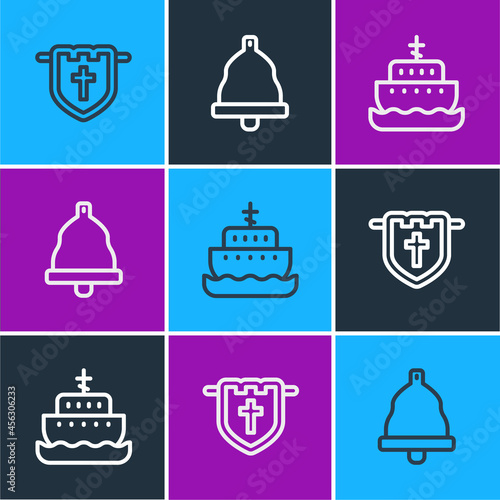 Set line Flag with christian cross, Ark of noah and Church bell icon. Vector