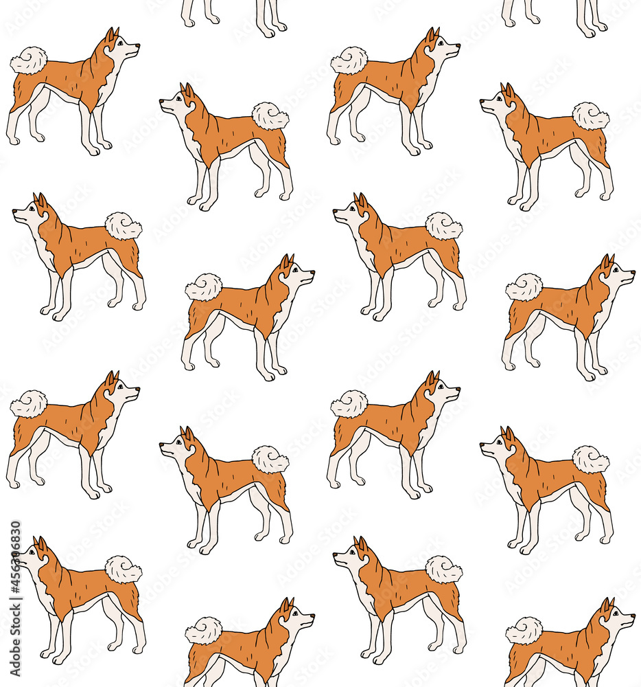 Obraz premium Vector seamless pattern of hand drawn doodle sketch colored Japanese akita inu dog isolated on white background