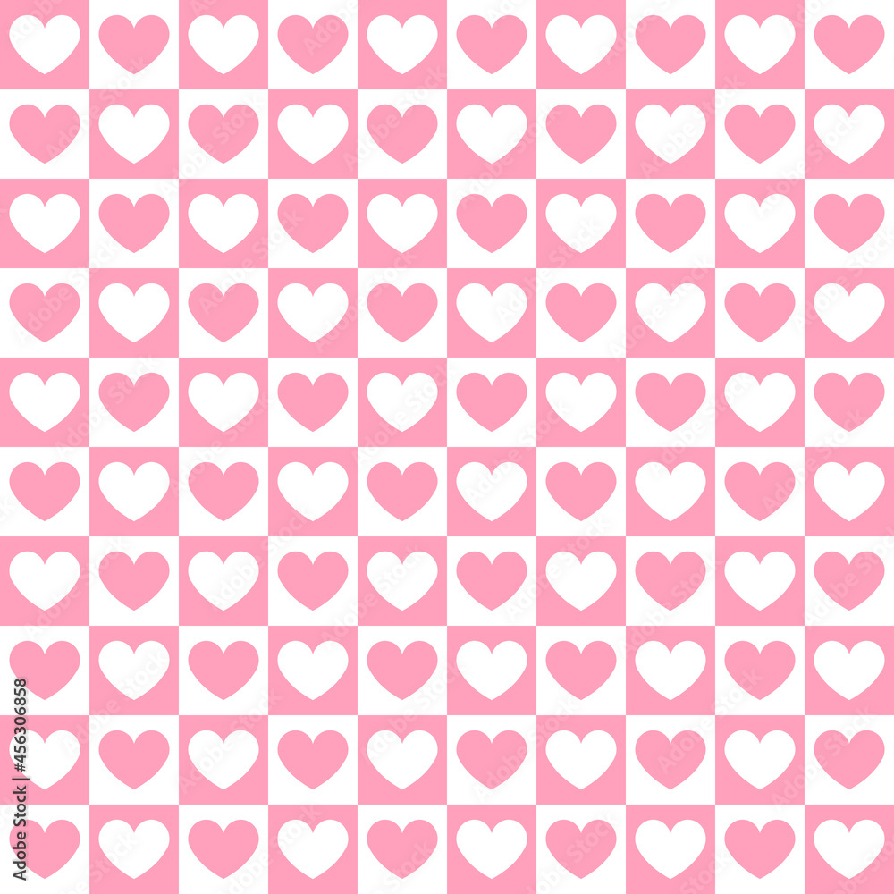 Vector seamless pattern of pink colored chess board checkered texture and hearts isolated on white background
