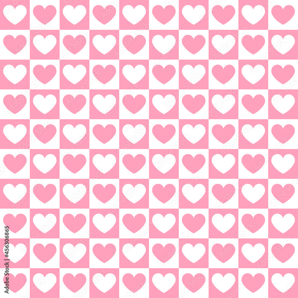 Vector seamless pattern of pink chess board checkered texture and hearts isolated on white background Vector seamless pattern of pink chess board checkered texture and hearts isolated on white background