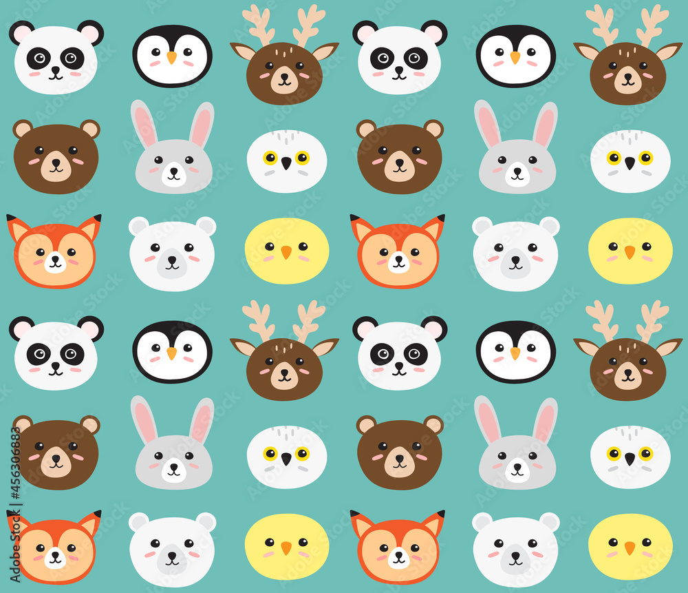 Fototapeta premium Vector seamless pattern of hand drawn doodle flat animal head face isolated on mint background