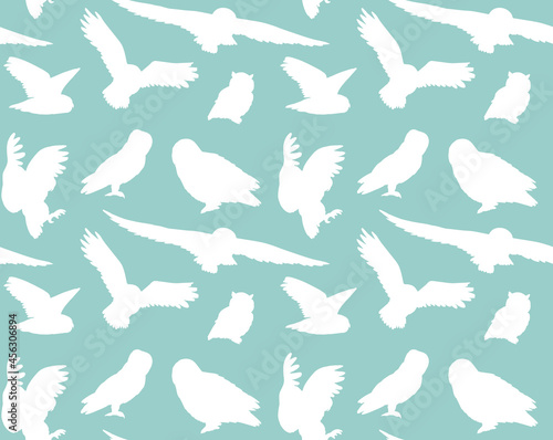 Vector seamless pattern of hand drawn owl silhouette isolated on mint background