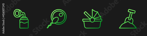 Set line Baby stroller, Breast pump, Sperm and Sandbox with sand and shovel. Gradient color icons. Vector