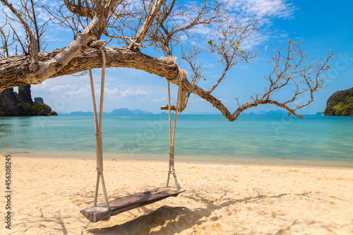 Empty swing at tropical beach