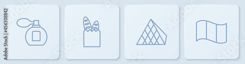 Set line Perfume, Louvre glass pyramid, French baguette bread and Flag France. White square button. Vector