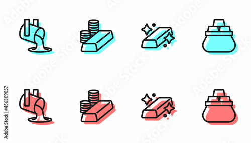 Set line Gold bars, Molten gold being poured, coin with and Bag of icon. Vector