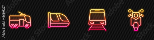 Set line Train and railway, Trolleybus, and Scooter. Glowing neon icon. Vector