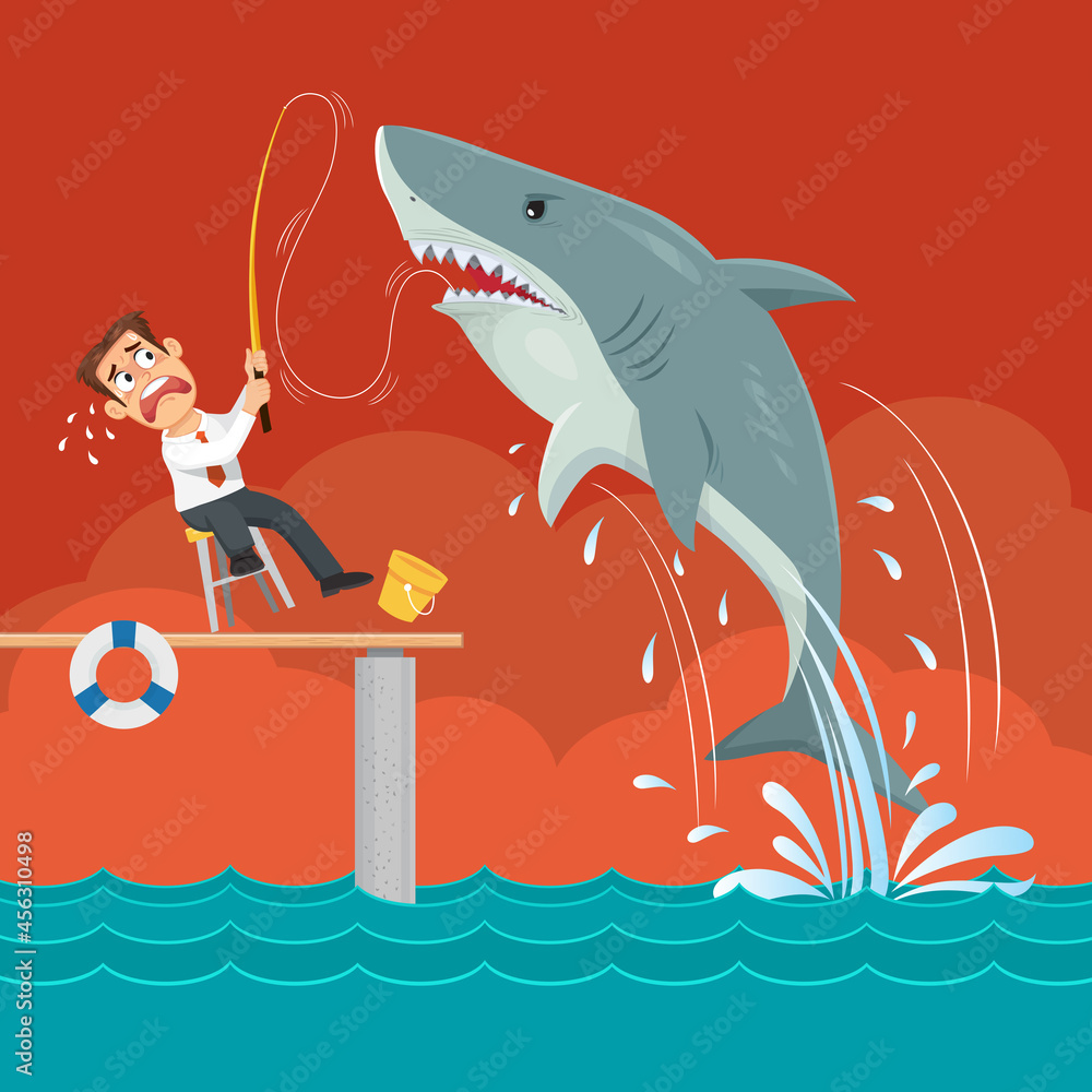 Businessman sitting with fishing shark strike, Businessman sharks concept,  Illustration vector cartoon Stock Vector