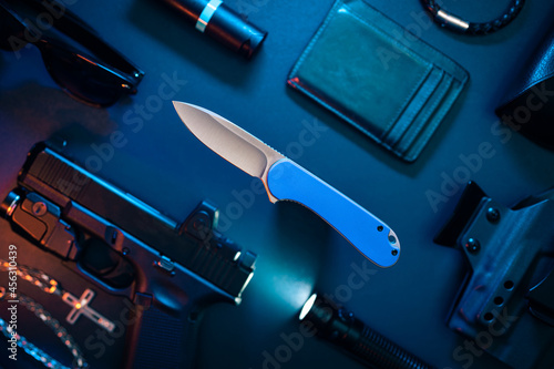 Everyday Carry Gear Kit Setup Flat Lay Blue Knife Wallet