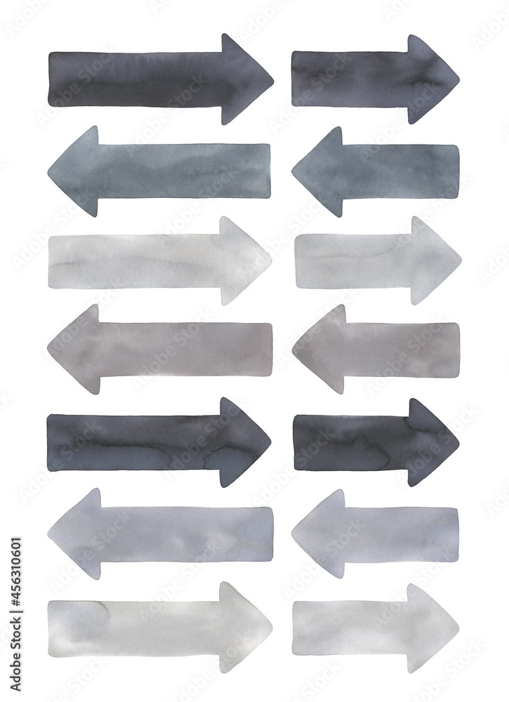 Watercolor illustration set of directional arrows of various black and gray shades. Hand drawn water color graphic drawing on white background, cutout clip art elements for creative design decoration. Watercolor illustration set of directional arrows of various black and gray shades. Hand drawn water color graphic drawing on white background, cutout clip art elements for creative design decoration.