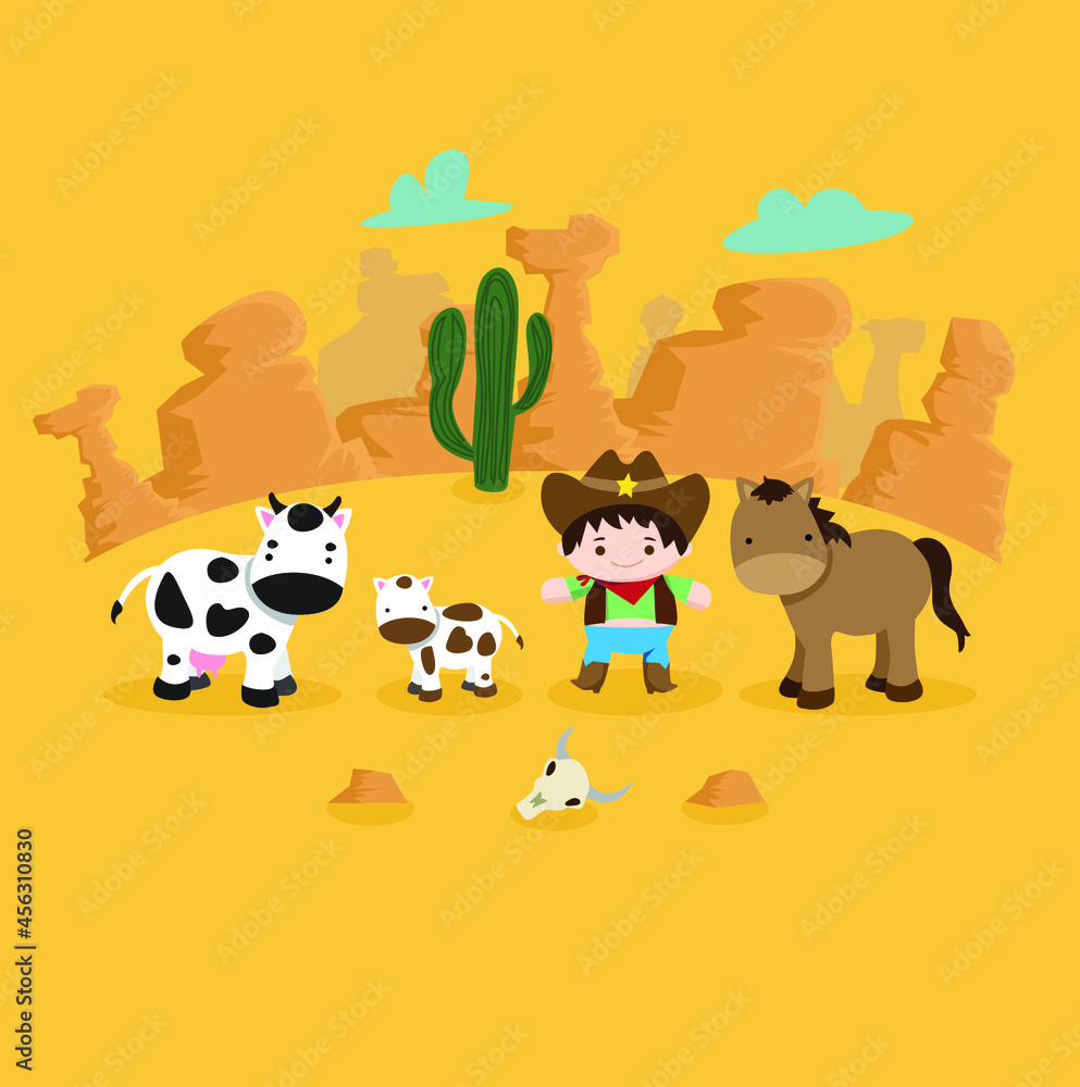 Cowboy kid with cow and horse Cowboy kid with cow and horse
