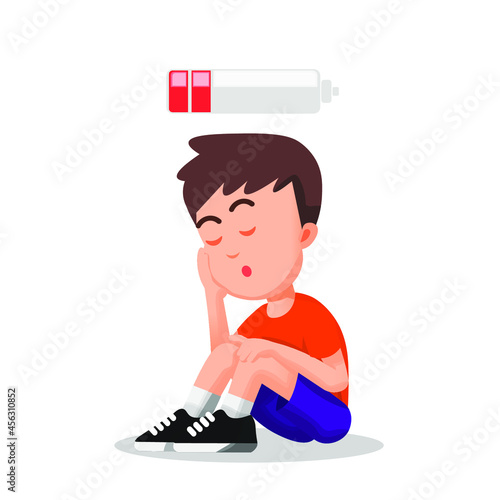 a boy feels very tired and sits on the floor