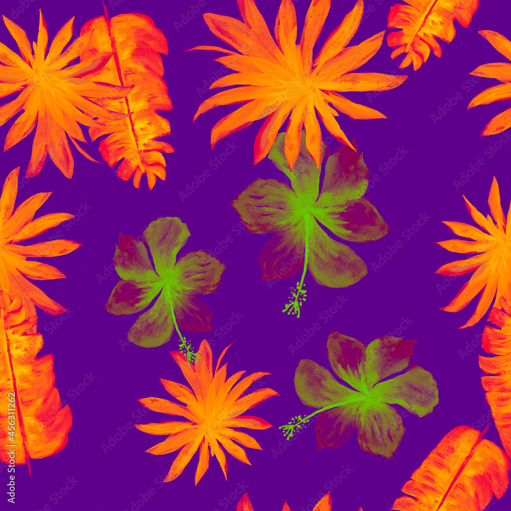 Purple Seamless Illustration. Violet Pattern Nature. Yellow Tropical Illustration. Golden Drawing Exotic. Autumn Decoration Leaf. Blue Wallpaper Illustration. Indigo Banana Leaves.