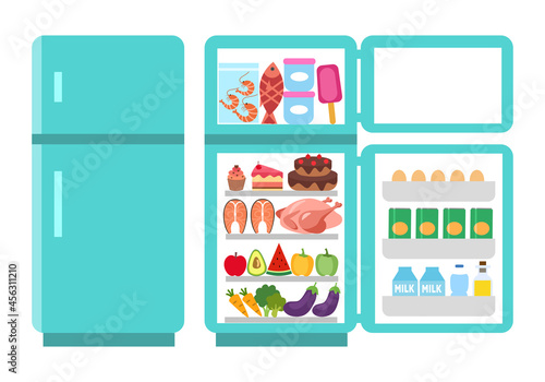 Fridge open and close concept vector illustration on white background. Refrigerator with food inside in flat design.