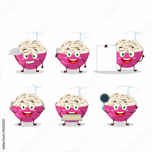 Cartoon character of basmati rice with various chef emoticons