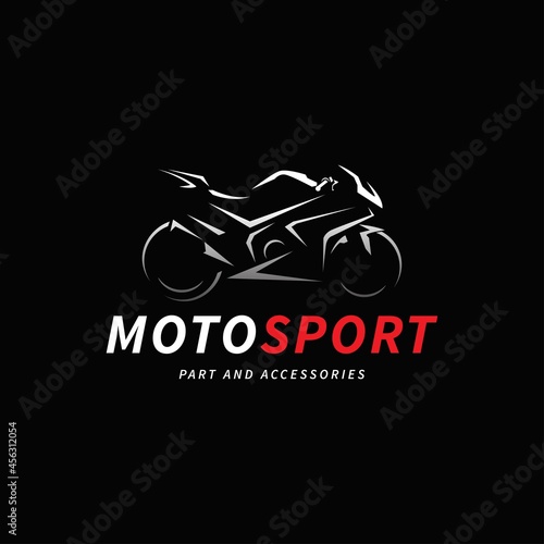 Motorcycle logo on black background. Modern racing superbike silhouette.