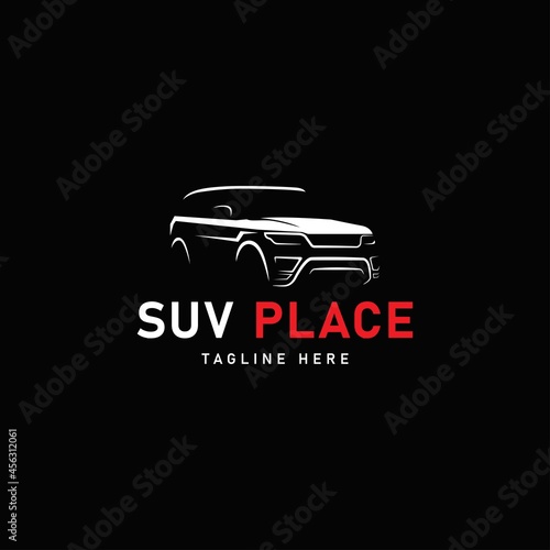 SUV car logo. Modern SUV. Simple line utility vehicle silhouette.