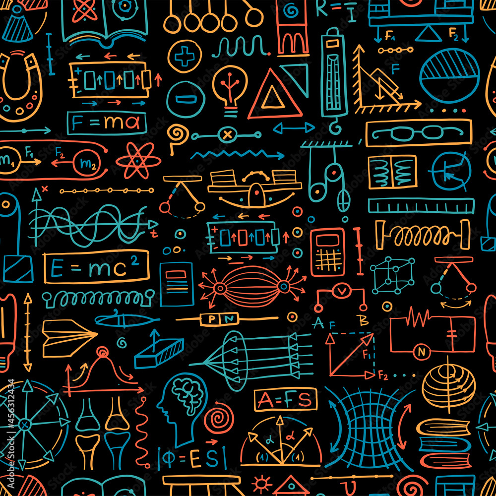 Physics icons, sign and symbols. Seamless Pattern Background for your design Physics icons, sign and symbols. Seamless Pattern Background for your design