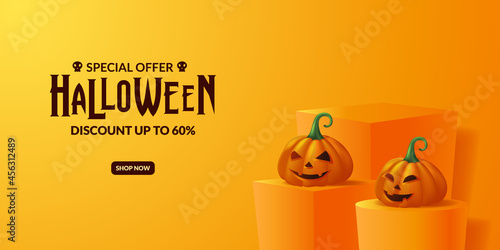 Special offer jack o lantern 3d pumpkin for halloween party promotion with stage podium display advertising banner template