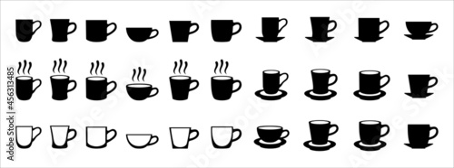 Coffee cup icon set. Hot drink cup icons vector set. Assorted cup with coaster vector stock illustration