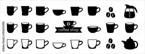 Coffee cup icon set. Hot drink cup icons vector set. Assorted cup with coaster vector stock illustration