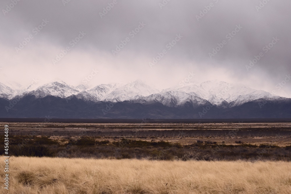Cold, dry grasslands by the snowy Andes mountains, in Tupungato, Mendoza, Argentina, in a dark cloudy day.