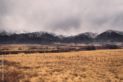 Snowy Andes Mountains looming over vast dry grasslands in Tupungato  Mendoza  Argentina.