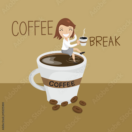 Businessman relaxing during break in big coffee cup, Coffee time break, Recharge the coffee, Vector illustration
