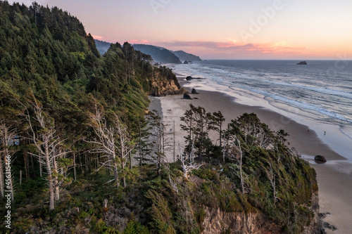 Aerial view of ghost trees at hug point during a sunset in Cannon Beach