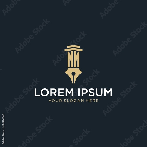 MM monogram initial logo with fountain pen and pillar style