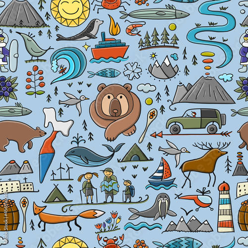 Travel to Peninsula Kamchatka. Eurasia, Russian Far East. Wild Nature and Animals. Seamless Pattern