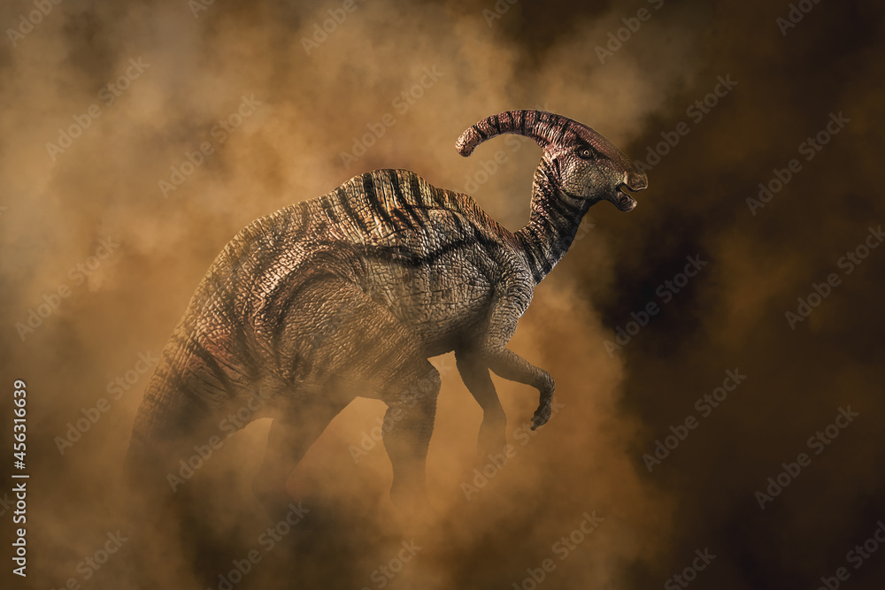 Fototapeta premium Parasaurolophus Dinosaur on smoke background