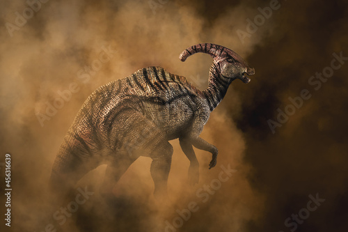 Parasaurolophus Dinosaur on smoke background photo