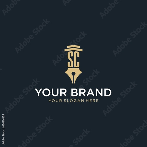 SC monogram initial logo with fountain pen and pillar style