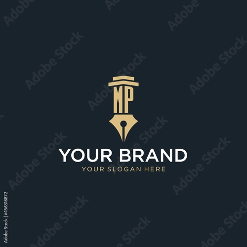 MP monogram initial logo with fountain pen and pillar style