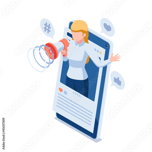 Isometric Woman Use Megaphone Promote Her Social Media on Smartphone