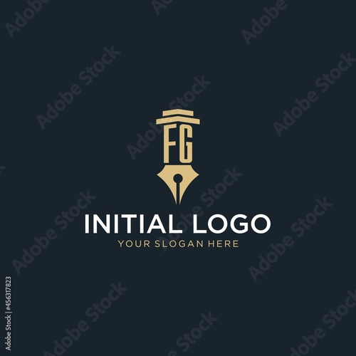 FG monogram initial logo with fountain pen and pillar style