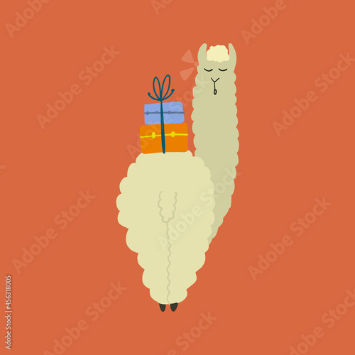 Cute alpaca character. Funny llama with luggage. Cartoon for your design